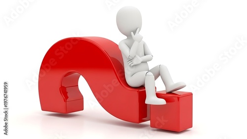 A white 3d character sits on a large red question mark while deep in thought about a complex problem