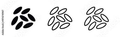 Hand-drawn rice grains or seeds icons set. Vector illustration of organic food elements in various styles, representing agriculture.