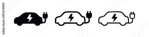 Hand-drawn electric car charging icons set. Vector illustration of EV vehicle and charging symbols, representing sustainable transport.