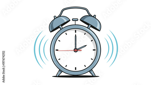 Classic blue alarm clock ringing loudly with sound waves on both sides to wake up someone in the morning.