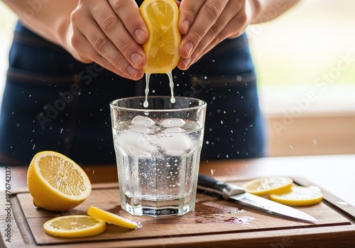 Person Squeezing Fresh Lemon into Glass of Water on Wooden Board