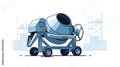 Blue industrial concrete mixer machine parked in a construction site with boxes and shelves in the background.