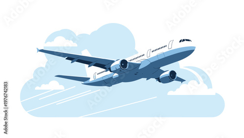 Commercial airplane flying through soft white clouds against a pale blue sky during a peaceful daytime journey.