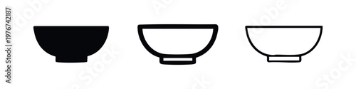 Three Bowls: Silhouette, Outline, and Line Art Styles on White Background