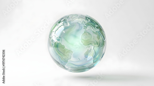 Minimal transparent glass globe with soft green organic textures, eco sustainability and clean technology concept isolated background