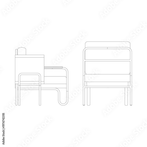 Side view line drawing of a living room set with lazy chairs, three seater sofa, round side table, and coffee table. Minimalist outline highlighting proportions and structure.