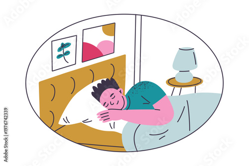 Sleeping man character in cozy bedroom, flat cartoon male under blanket with bedside lamp and wall pictures. Healthy sleep and rest, bedtime routine vector illustration, colored scene