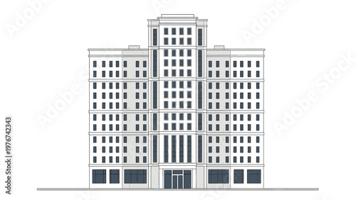 Symmetrical high-rise office building or residential apartment block with many windows isolated on a clean white background.