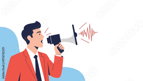 Confident man in a red suit jacket shouting into a megaphone with stylized sound waves representing loud communication.
