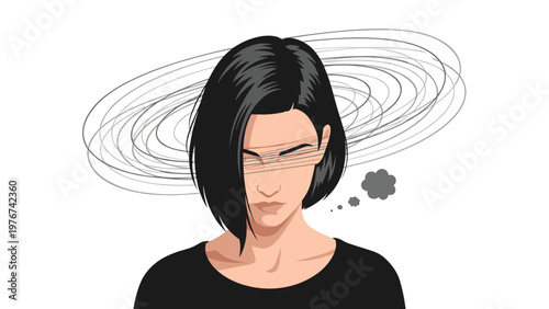 Young woman with short dark hair looking down with swirling dizzy lines around her head and a gray cloud thought bubble.