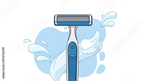 Modern manual shaving razor with blue accents and water splashes representing personal hygiene and daily grooming routine.