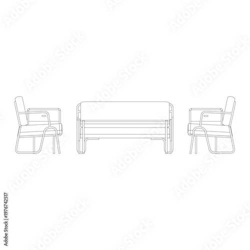Front view line art of a living room set with two lazy chairs, a three seater sofa, round side table, and coffee table. Clean minimalist outline showing balanced seating arrangement.