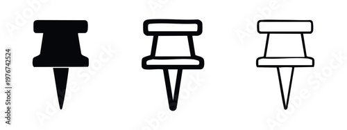 Push Pin Icons: Solid Black, Outline, and Filled Outline