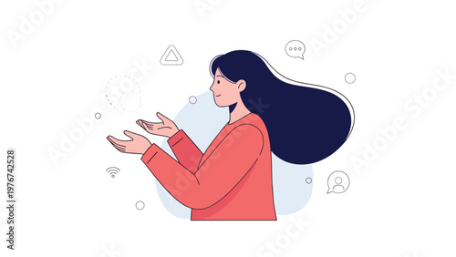 Friendly young woman with long dark hair reaching out her hands with communication and internet icons in the background.