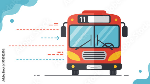 Red city transit bus moving quickly with speed lines representing efficient urban transportation and public commute.