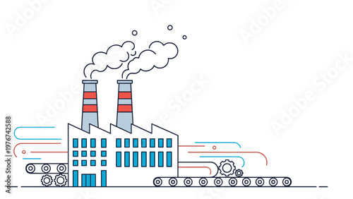 Industrial factory building with smoking chimneys and moving conveyor belts representing mass production and manufacturing.