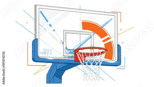 Professional basketball hoop with a glass backboard and orange net details on a clean white background with design lines.