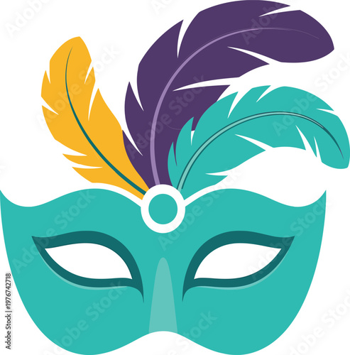 Mardi gras mask with colorful feathers, festive masquerade accessory for carnival celebration