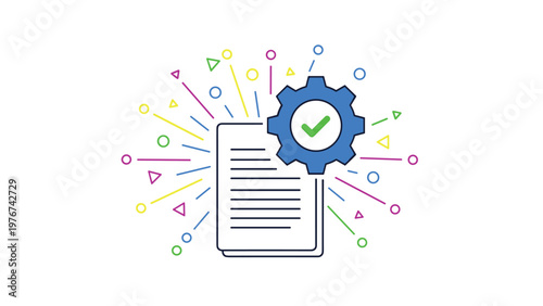 Document page icon with a blue gear and green check mark representing successful data processing or file verification.