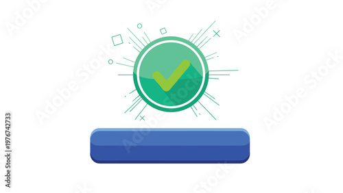 Vibrant green check mark inside a circle above a long blue button representing success, confirmation, or completion.