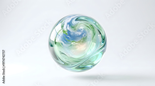 Futuristic glass orb with dynamic green blue swirling energy inside, modern eco technology concept isolated on light background