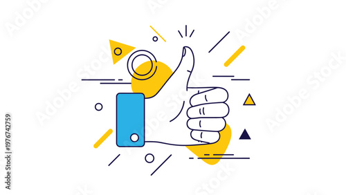 Blue thumbs up hand gesture icon surrounded by yellow and dark blue abstract geometric shapes representing approval.