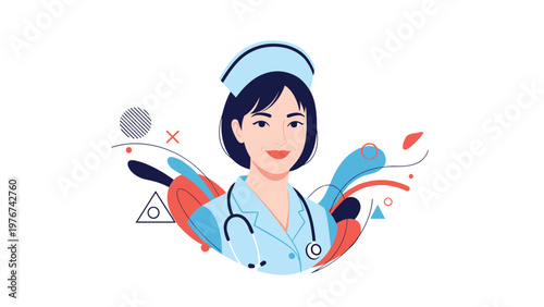 Friendly female nurse or medical professional with a stethoscope wearing a blue uniform and cap on a decorative background.