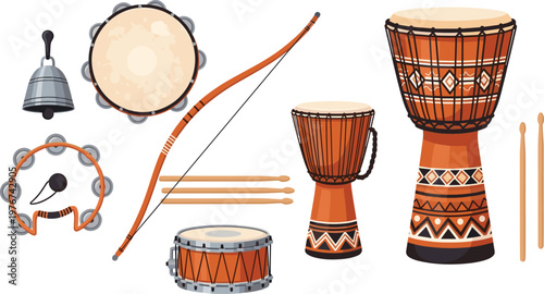 Traditional Percussion Instruments Set with Djembe, Conga, Snare Drum, Tambourine, and Bell, Ethnic Musical Vector Illustration on White Background