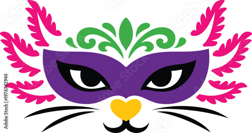Mardi gras cat mask with colorful feathers, green ornate crown, and yellow heart nose
