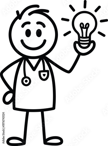 Stick figure doctor holding a glowing light bulb as a symbol of a medical idea or solution