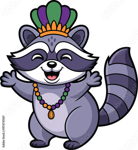 Cute raccoon wearing mardi gras beads and a festive feathered headpiece