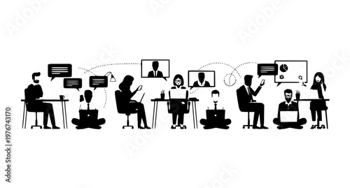 Remote teamwork and online collaboration flat vector illustration digital communication concept