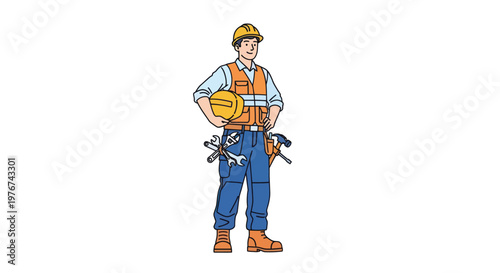 Construction worker in orange vest and hard hat holding tools and helmet standing confidently