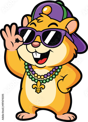 Cartoon hamster character wearing sunglasses, a cap, and mardi gras beads making an okay hand gesture