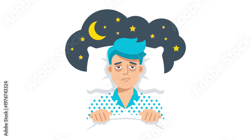 Tired Man Suffering from Insomnia and Sleep Deprivation Vector Illustration