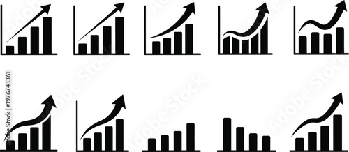 Collection of black bar graph icons showing upward trend and growth with increase