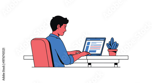Man sitting at desk working on laptop with plant focused on screen in modern workspace