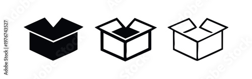 Three open box icons with varying detail and style