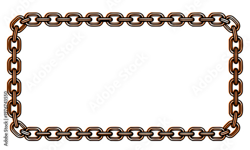 Rectangular metallic rusty brown chain border frame with linked loops for industrial, security, strength, and grunge design elements on white background