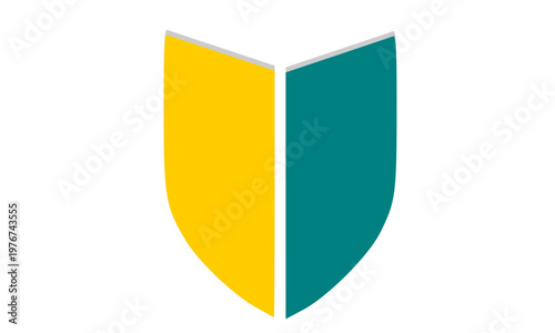 Free Download Modern two-tone shield icon split in yellow and teal green for security, protection, trust, insurance, and corporate brand identity logo design on white background - GFXLoad