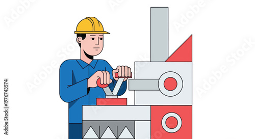Man in hard hat operates industrial machine with wrench factory worker in blue uniform using tool