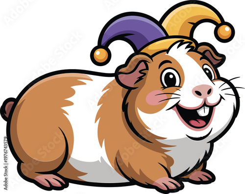 Cartoon illustration of a cute guinea pig wearing a colorful jester hat