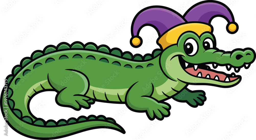 Fototapeta premium Cartoon alligator wearing a jester hat