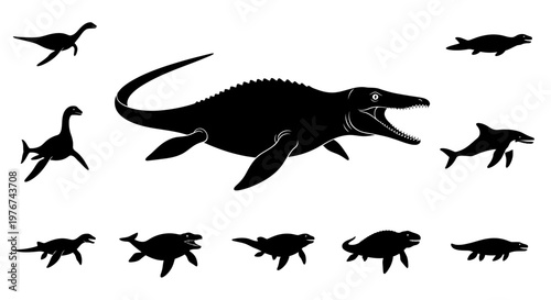 Prehistoric Marine Reptile Silhouette Collection and Ancient Sea Monster Vector Illustration