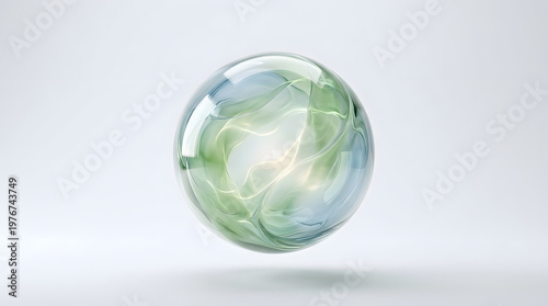 Minimal glass orb with soft green light core and organic flow patterns, futuristic eco energy concept isolated on neutral background