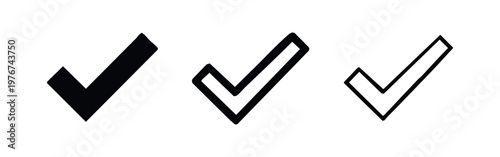 Set of three check mark icons: solid black, black outline, and white outline