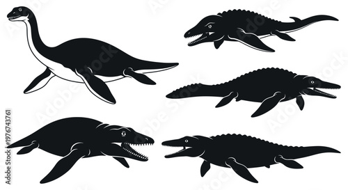 Prehistoric Sea Monster Silhouettes Ancient Marine Dinosaur Vector Illustration Set