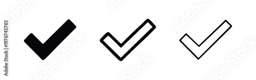 Set of three check mark icons: solid black, black outline, and white outline