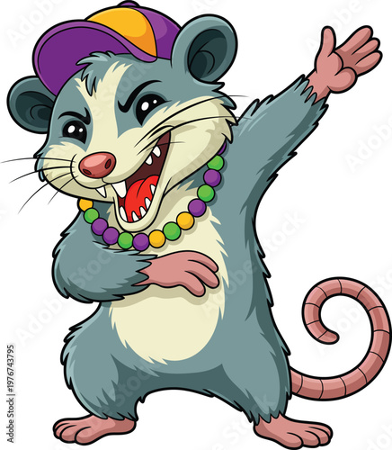 Cartoon opossum character wearing a colorful cap and mardi gras beads dabbing