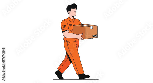 Man in orange uniform carrying cardboard box walking delivery shipping courier service logistics transportation worker laborer package
